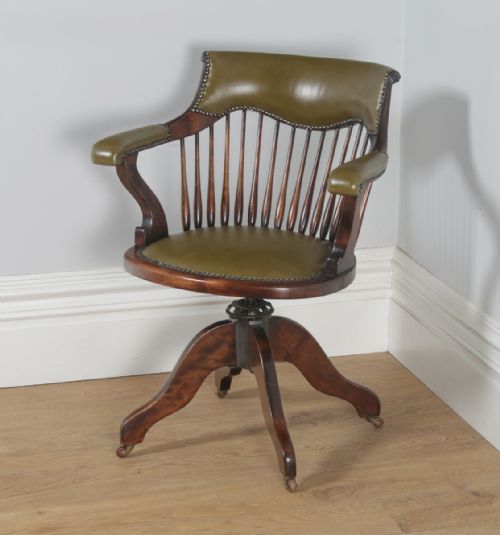 fig 2. Antique English Edwardian Beech & Green Leather Revolving Swivel Office Desk Arm Chair (Circa 1910)