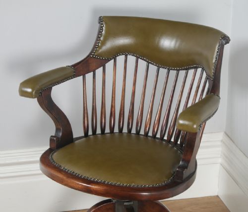 fig 3. Antique English Edwardian Beech & Green Leather Revolving Swivel Office Desk Arm Chair (Circa 1910)