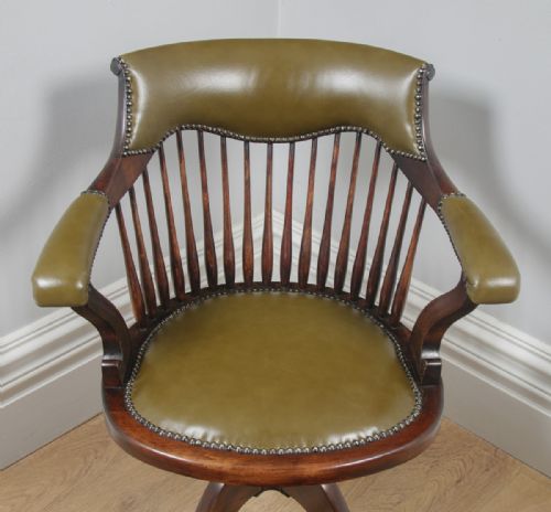fig 4. Antique English Edwardian Beech & Green Leather Revolving Swivel Office Desk Arm Chair (Circa 1910)