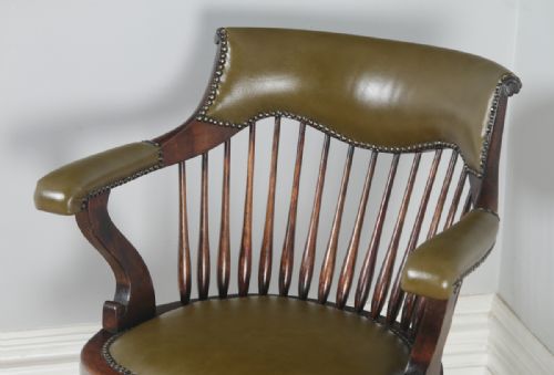 fig 5. Antique English Edwardian Beech & Green Leather Revolving Swivel Office Desk Arm Chair (Circa 1910)