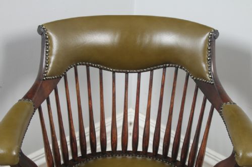 fig 6. Antique English Edwardian Beech & Green Leather Revolving Swivel Office Desk Arm Chair (Circa 1910)