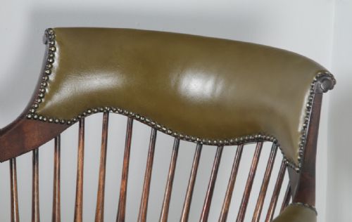 fig 7. Antique English Edwardian Beech & Green Leather Revolving Swivel Office Desk Arm Chair (Circa 1910)