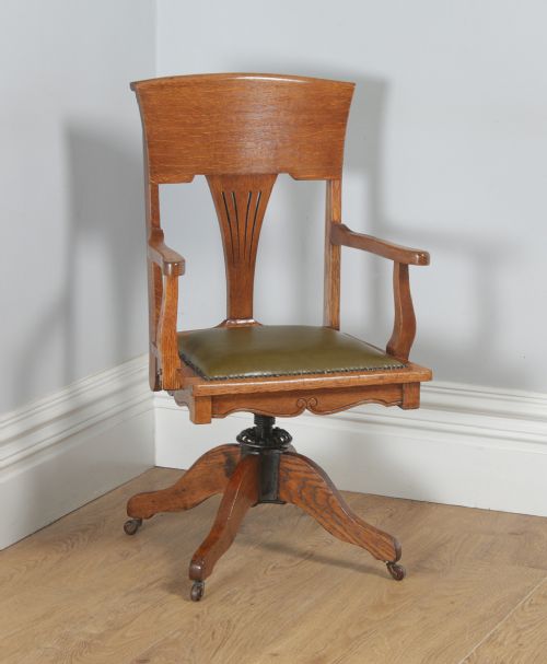 Antique American Edwardian Art Nouveau Oak & Leather Revolving Office Desk Arm Chair (Circa 1903)