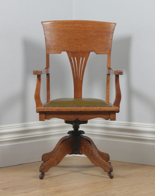 fig 1. Antique American Edwardian Art Nouveau Oak & Leather Revolving Office Desk Arm Chair (Circa 1903)