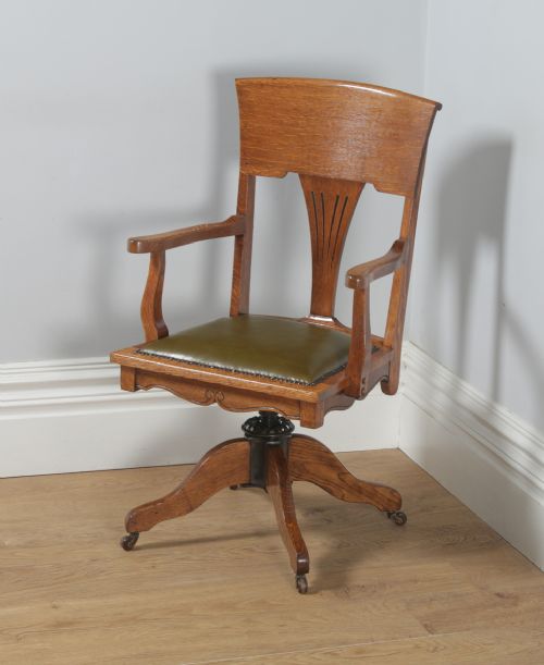 fig 2. Antique American Edwardian Art Nouveau Oak & Leather Revolving Office Desk Arm Chair (Circa 1903)