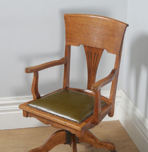 fig 3. Antique American Edwardian Art Nouveau Oak & Leather Revolving Office Desk Arm Chair (Circa 1903)