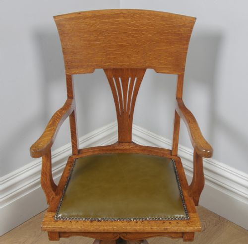 fig 4. Antique American Edwardian Art Nouveau Oak & Leather Revolving Office Desk Arm Chair (Circa 1903)