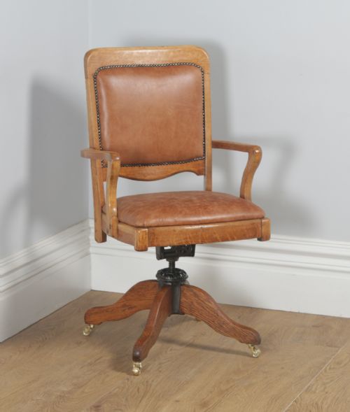 Antique English Edwardian Oak & Tan Brown Leather Revolving Swivel Office Desk Arm Chair (Circa 1910)