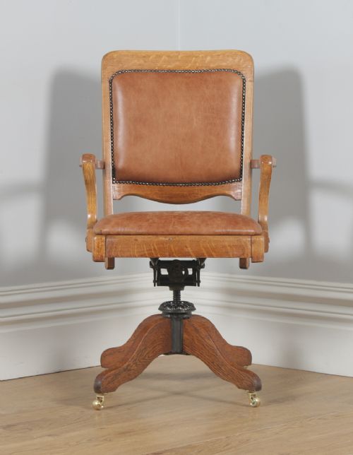 fig 1. Antique English Edwardian Oak & Tan Brown Leather Revolving Swivel Office Desk Arm Chair (Circa 1910)