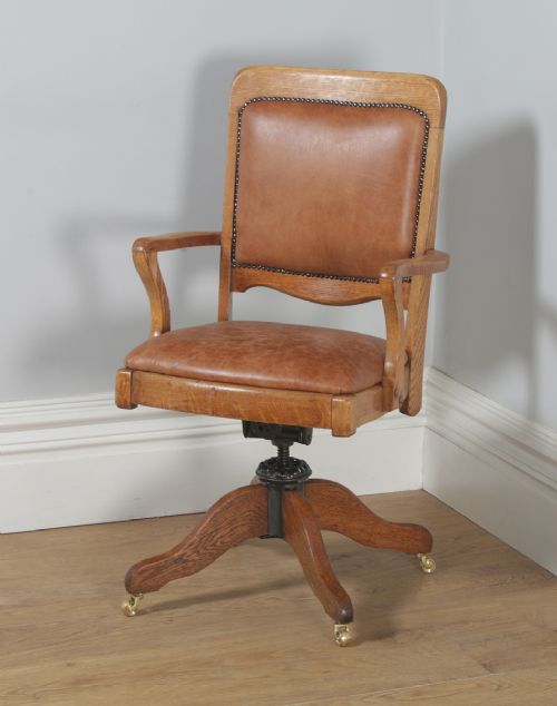 fig 2. Antique English Edwardian Oak & Tan Brown Leather Revolving Swivel Office Desk Arm Chair (Circa 1910)