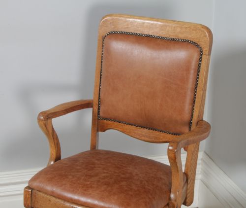 fig 3. Antique English Edwardian Oak & Tan Brown Leather Revolving Swivel Office Desk Arm Chair (Circa 1910)