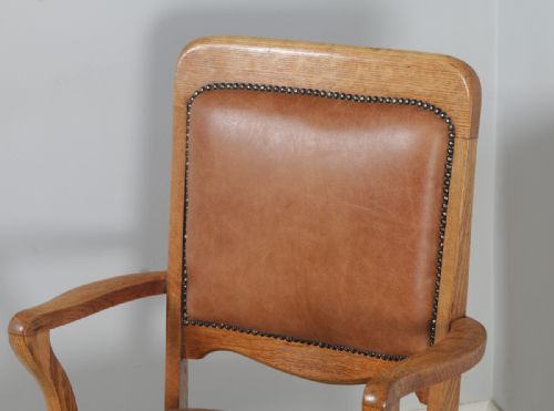 fig 4. Antique English Edwardian Oak & Tan Brown Leather Revolving Swivel Office Desk Arm Chair (Circa 1910)