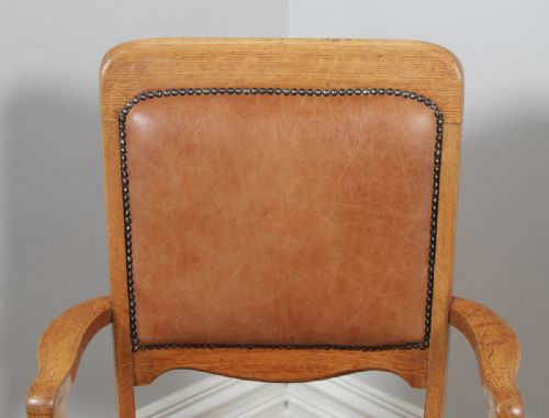 fig 5. Antique English Edwardian Oak & Tan Brown Leather Revolving Swivel Office Desk Arm Chair (Circa 1910)