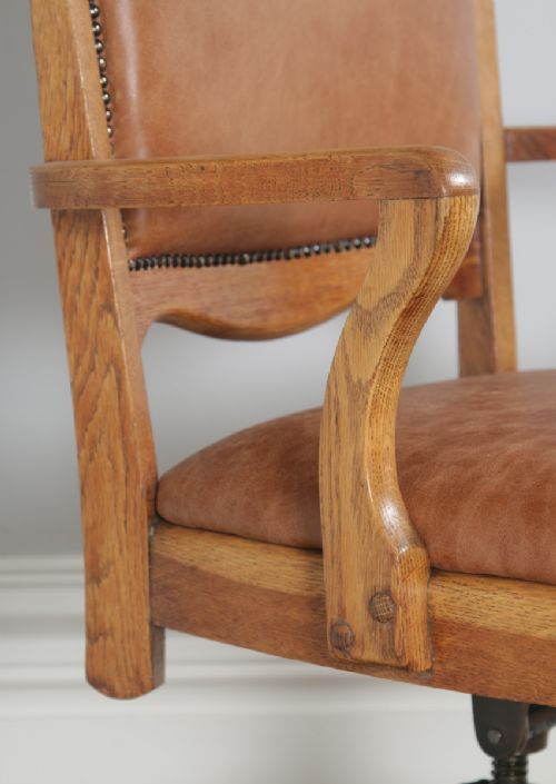 fig 6. Antique English Edwardian Oak & Tan Brown Leather Revolving Swivel Office Desk Arm Chair (Circa 1910)