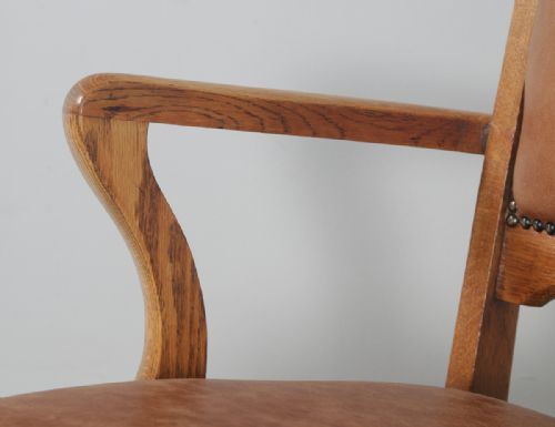 fig 7. Antique English Edwardian Oak & Tan Brown Leather Revolving Swivel Office Desk Arm Chair (Circa 1910)