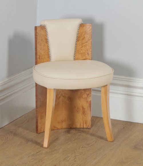Antique English Art Deco Burr Maple & Cream Leather Stool by Epstein (Circa 1930)