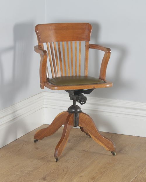 Antique English Edwardian Oak & Green Leather Revolving Office Desk Arm Chair (Circa 1910)