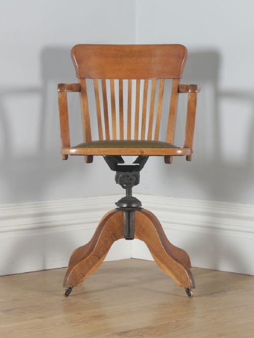 fig 1. Antique English Edwardian Oak & Green Leather Revolving Office Desk Arm Chair (Circa 1910)