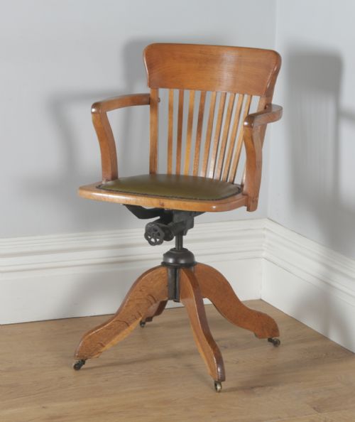fig 2. Antique English Edwardian Oak & Green Leather Revolving Office Desk Arm Chair (Circa 1910)