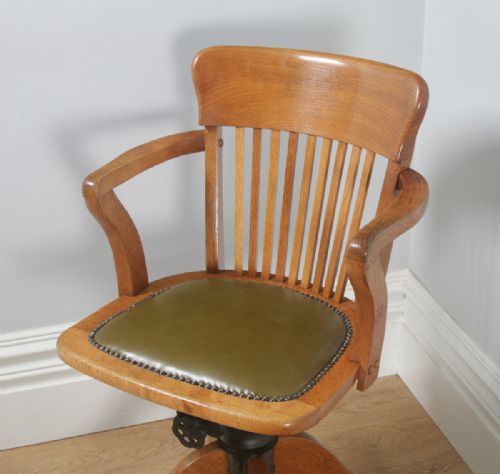 fig 3. Antique English Edwardian Oak & Green Leather Revolving Office Desk Arm Chair (Circa 1910)