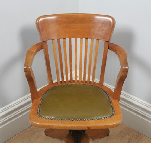 fig 4. Antique English Edwardian Oak & Green Leather Revolving Office Desk Arm Chair (Circa 1910)