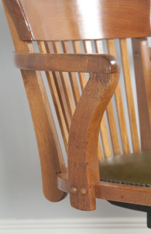 fig 7. Antique English Edwardian Oak & Green Leather Revolving Office Desk Arm Chair (Circa 1910)