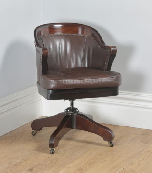 Antique English Edwardian Mahogany & Brown Leather Revolving Office Desk Arm Chair (Circa 1910)