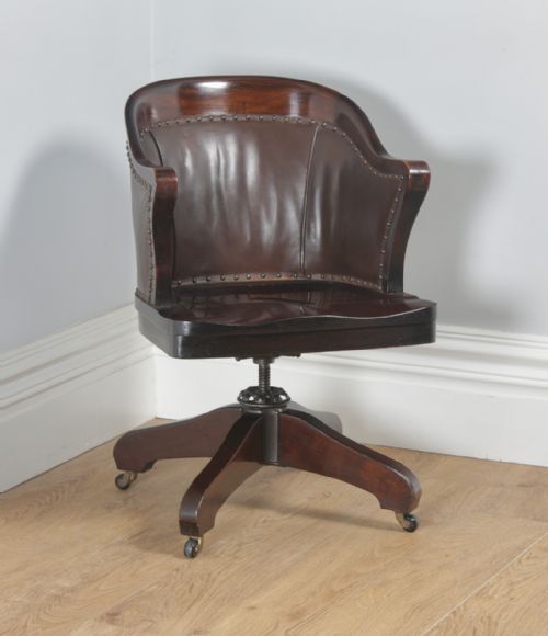 fig 1. Antique English Edwardian Mahogany & Brown Leather Revolving Office Desk Arm Chair (Circa 1910)