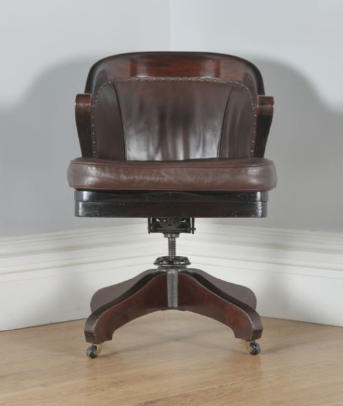 fig 2. Antique English Edwardian Mahogany & Brown Leather Revolving Office Desk Arm Chair (Circa 1910)