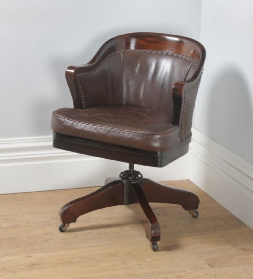 fig 3. Antique English Edwardian Mahogany & Brown Leather Revolving Office Desk Arm Chair (Circa 1910)