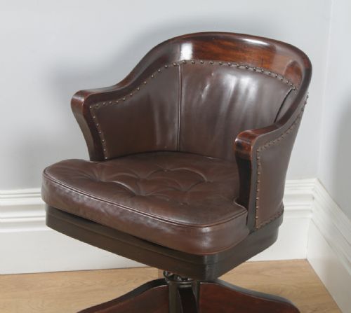 fig 4. Antique English Edwardian Mahogany & Brown Leather Revolving Office Desk Arm Chair (Circa 1910)