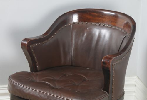 fig 5. Antique English Edwardian Mahogany & Brown Leather Revolving Office Desk Arm Chair (Circa 1910)