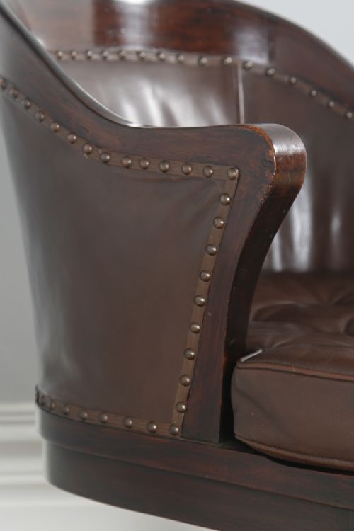 fig 6. Antique English Edwardian Mahogany & Brown Leather Revolving Office Desk Arm Chair (Circa 1910)