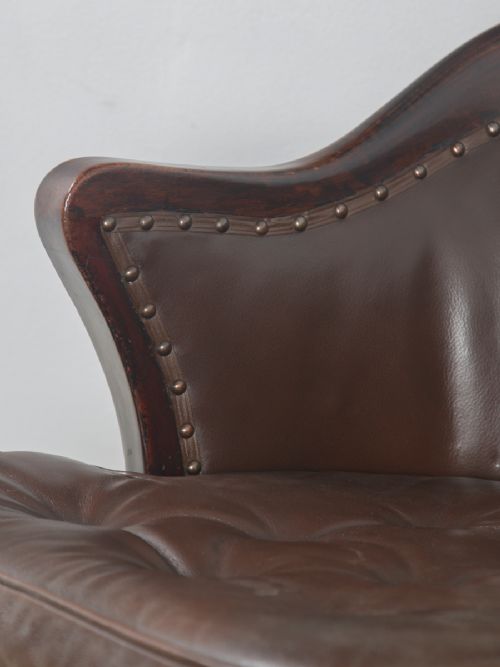 fig 7. Antique English Edwardian Mahogany & Brown Leather Revolving Office Desk Arm Chair (Circa 1910)