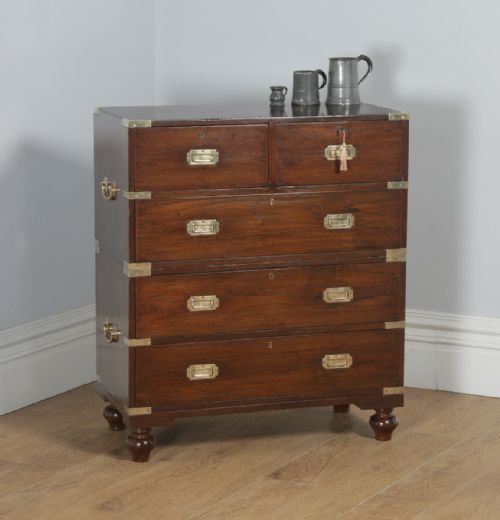 Antique Victorian Colonial Teak & Brass Military Campaign Chest of Drawers (Circa 1850)