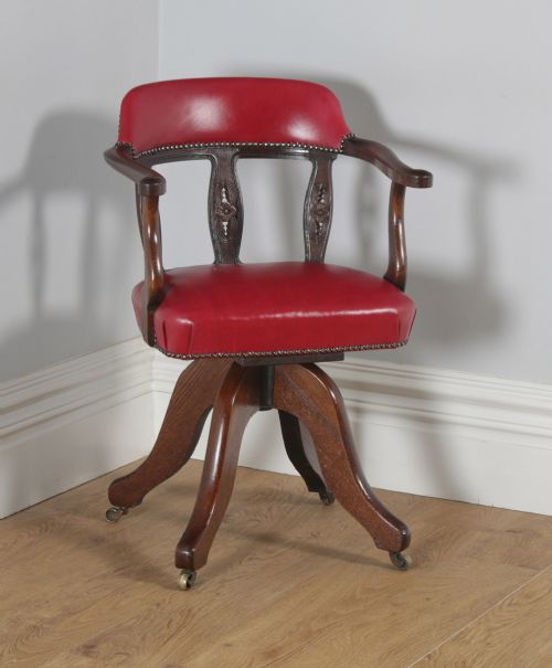 Antique English Victorian Oak & Crimson Red Leather Revolving Office Desk Arm Chair (Circa 1890)
