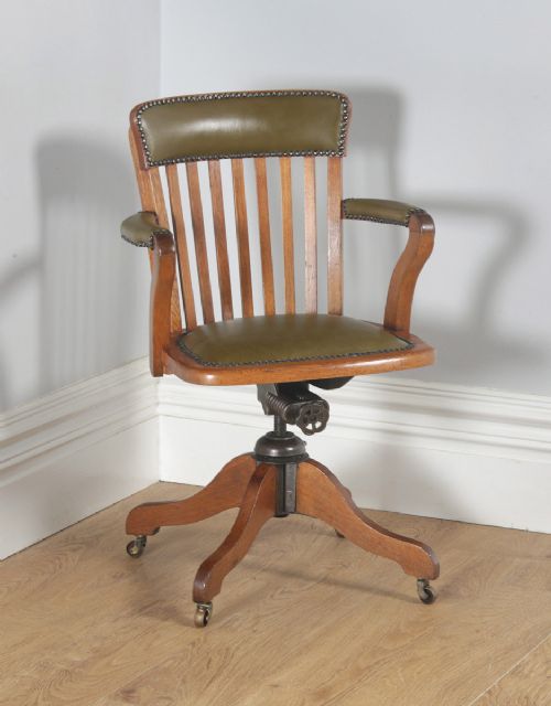 Antique English Edwardian Oak & Green Leather Revolving Office Desk Arm Chair (Circa 1910)