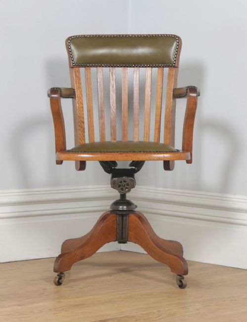 fig 1. Antique English Edwardian Oak & Green Leather Revolving Office Desk Arm Chair (Circa 1910)