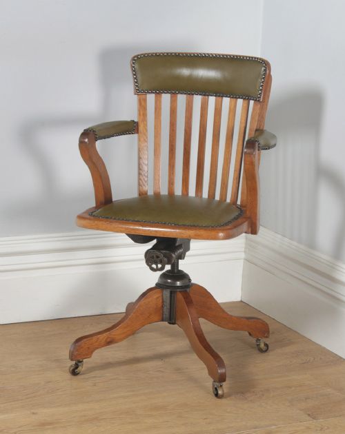 fig 2. Antique English Edwardian Oak & Green Leather Revolving Office Desk Arm Chair (Circa 1910)