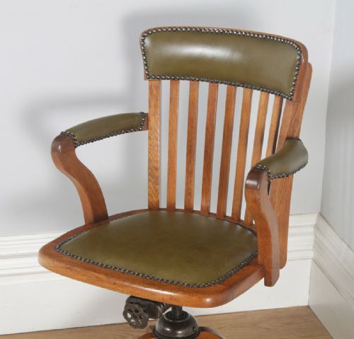 fig 3. Antique English Edwardian Oak & Green Leather Revolving Office Desk Arm Chair (Circa 1910)