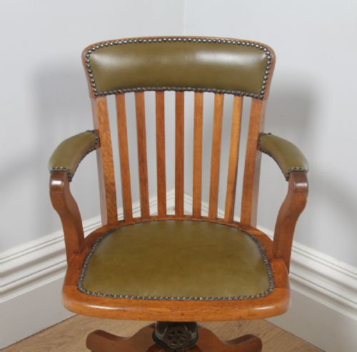 fig 4. Antique English Edwardian Oak & Green Leather Revolving Office Desk Arm Chair (Circa 1910)