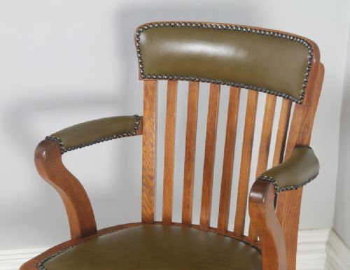 fig 5. Antique English Edwardian Oak & Green Leather Revolving Office Desk Arm Chair (Circa 1910)