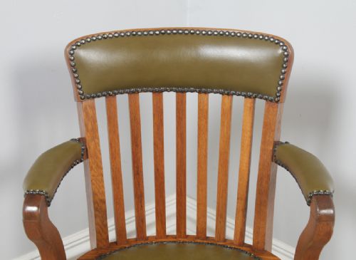 fig 6. Antique English Edwardian Oak & Green Leather Revolving Office Desk Arm Chair (Circa 1910)
