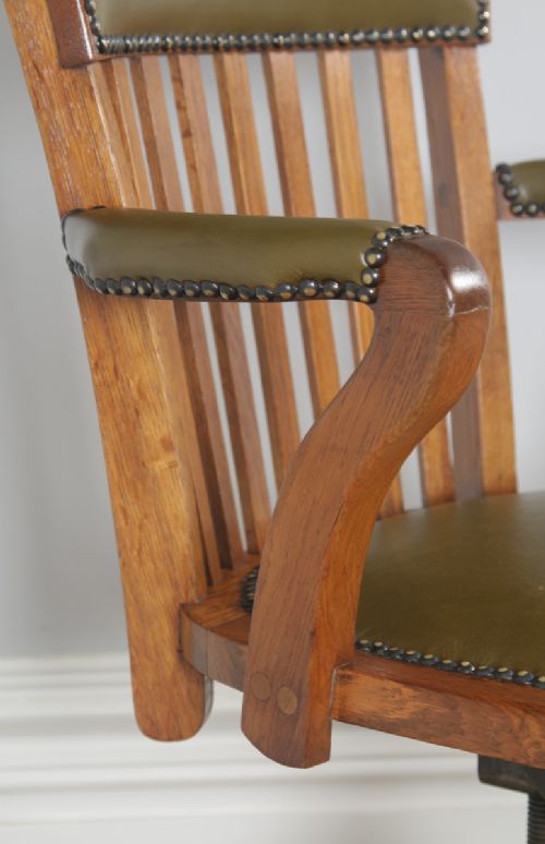 fig 8. Antique English Edwardian Oak & Green Leather Revolving Office Desk Arm Chair (Circa 1910)