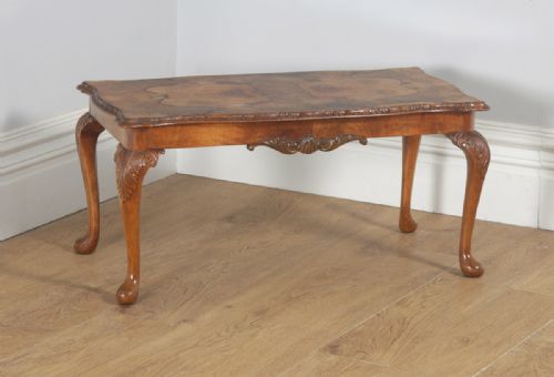 fig 1. Antique English Queen Anne Style Carved Burr Walnut Rectangular Coffee Table (Circa 1920)