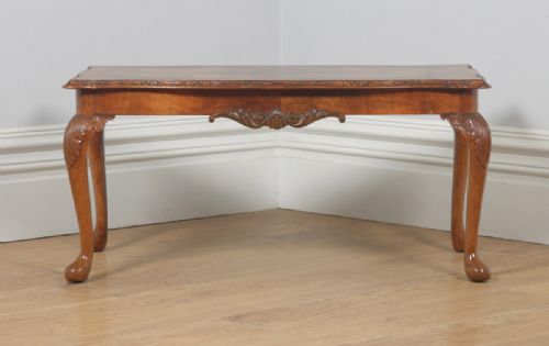fig 2. Antique English Queen Anne Style Carved Burr Walnut Rectangular Coffee Table (Circa 1920)
