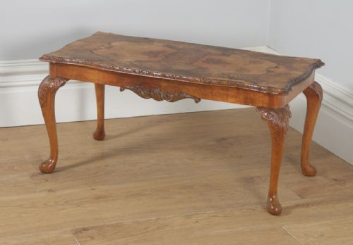 fig 3. Antique English Queen Anne Style Carved Burr Walnut Rectangular Coffee Table (Circa 1920)