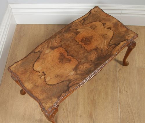 fig 4. Antique English Queen Anne Style Carved Burr Walnut Rectangular Coffee Table (Circa 1920)