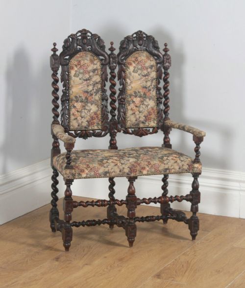 Antique English Victorian Black Forest Carolean Oak & Tapestry Couch Sofa Settee (Circa 1870)