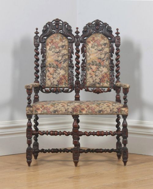 fig 1. Antique English Victorian Black Forest Carolean Oak & Tapestry Couch Sofa Settee (Circa 1870)